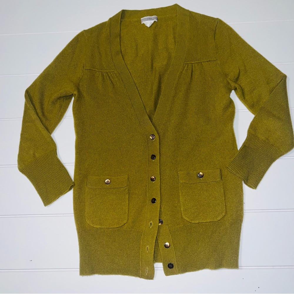 J Crew 100% Cashmere Cardigan XS Olive Chartreuse Green Patch Pocket Sweater